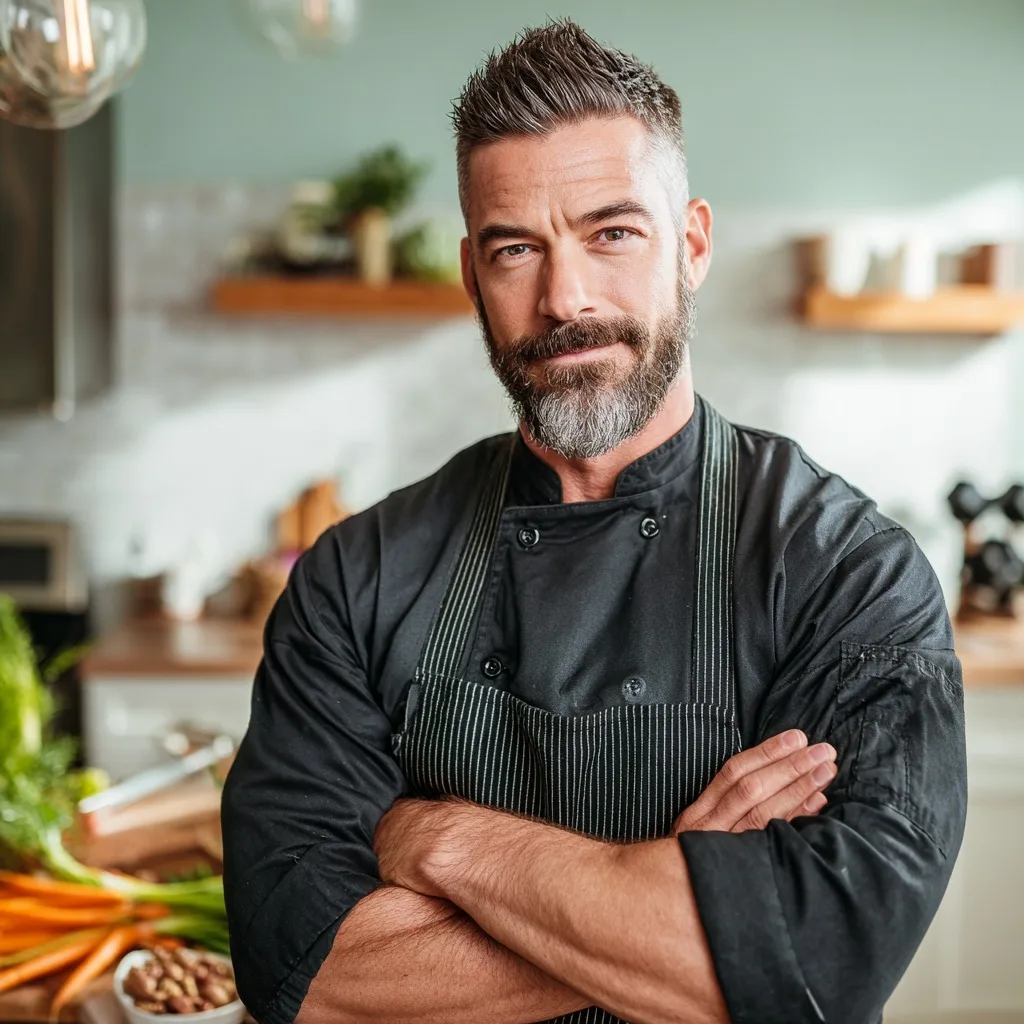 Chef Daniel Carter in a black chef coat with arms crossed in a modern kitchen
