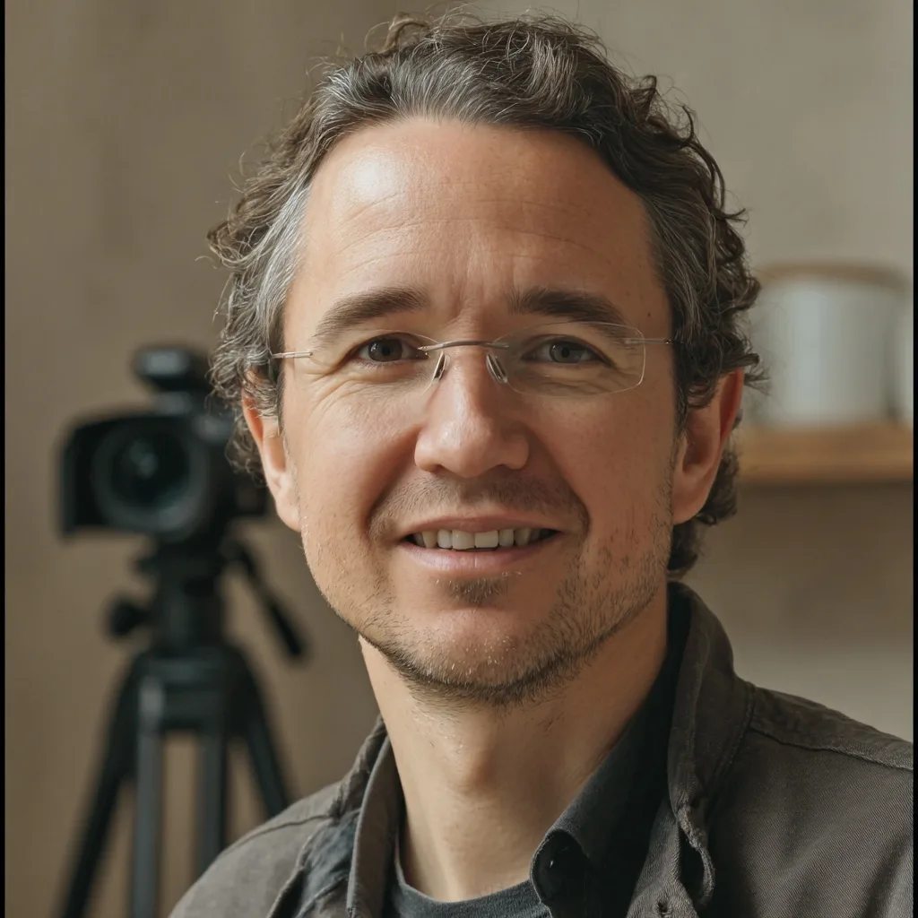 Photographer Ethan Walker smiling in front of a camera in his studio