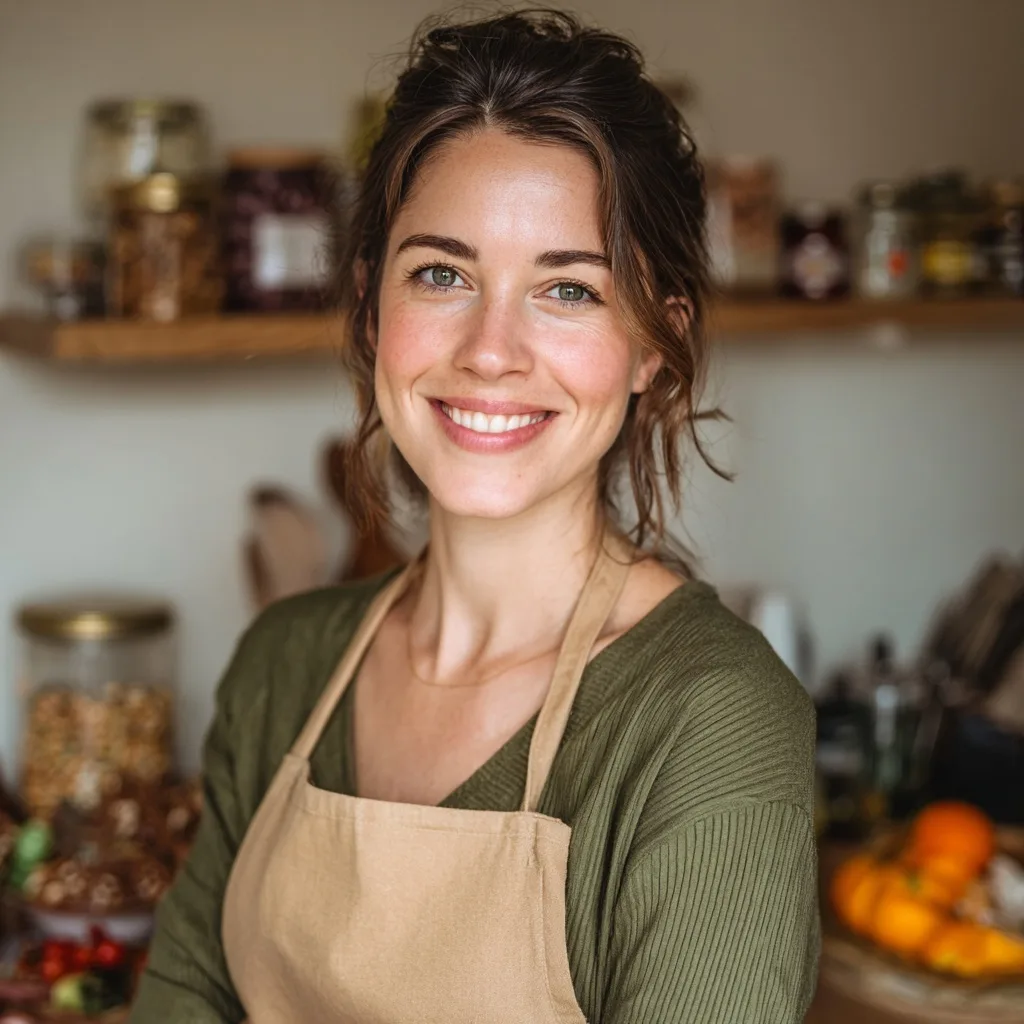 Smiling food blogger Sophie Bennett in her kitchen wearing an apron