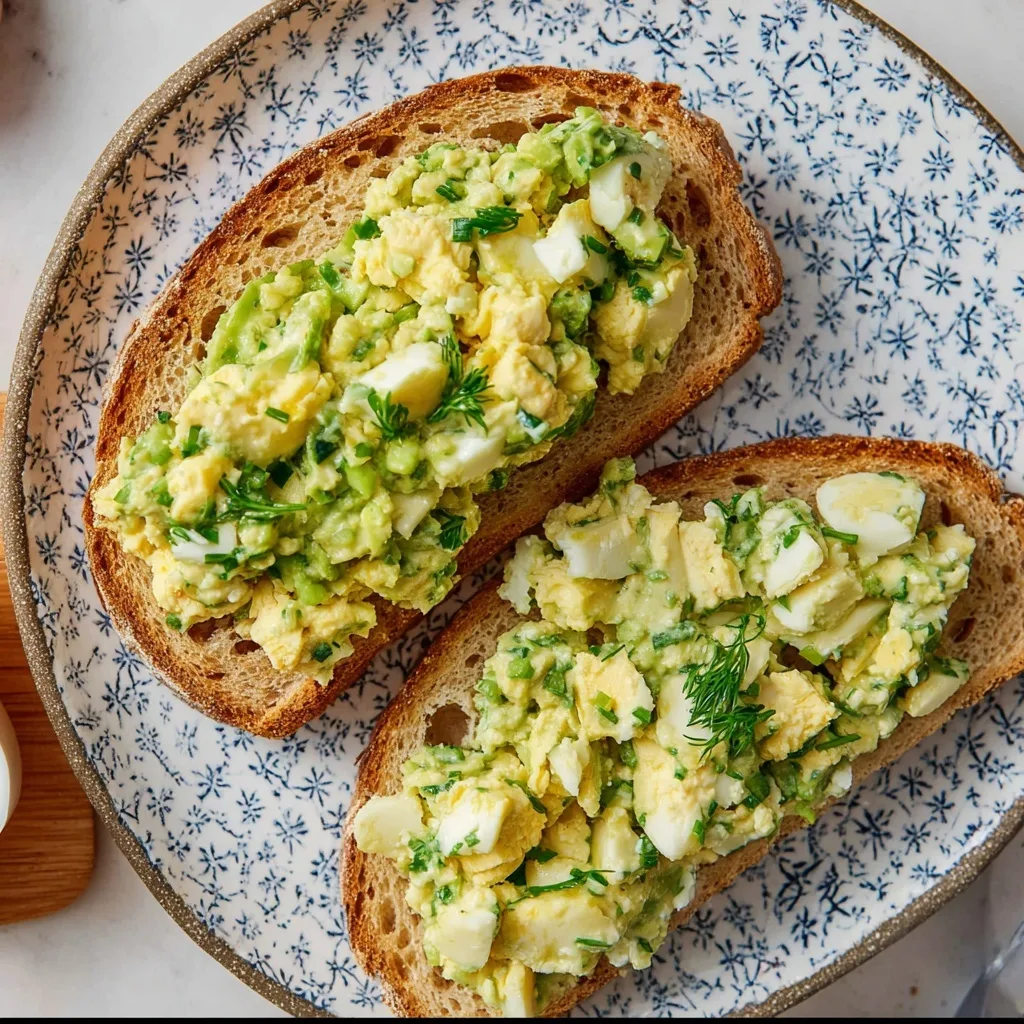 Avocado Egg Protein Halves sandwich open-faced on patterned plate