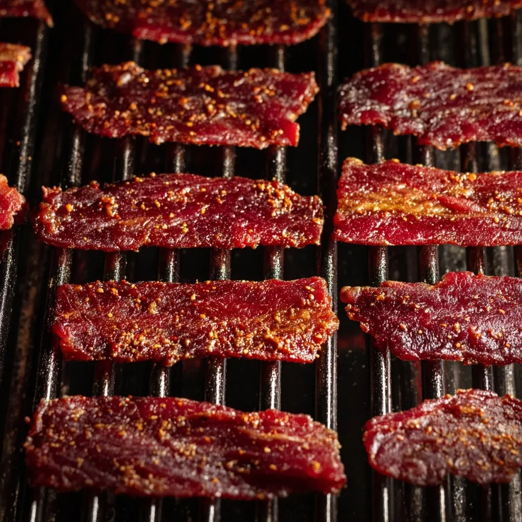 3 High Protein Jerky Snacks for Muscle Growth (Backed by Real Recipes) 23 Thin beef jerky slices drying on a rack, high protein recipe prep