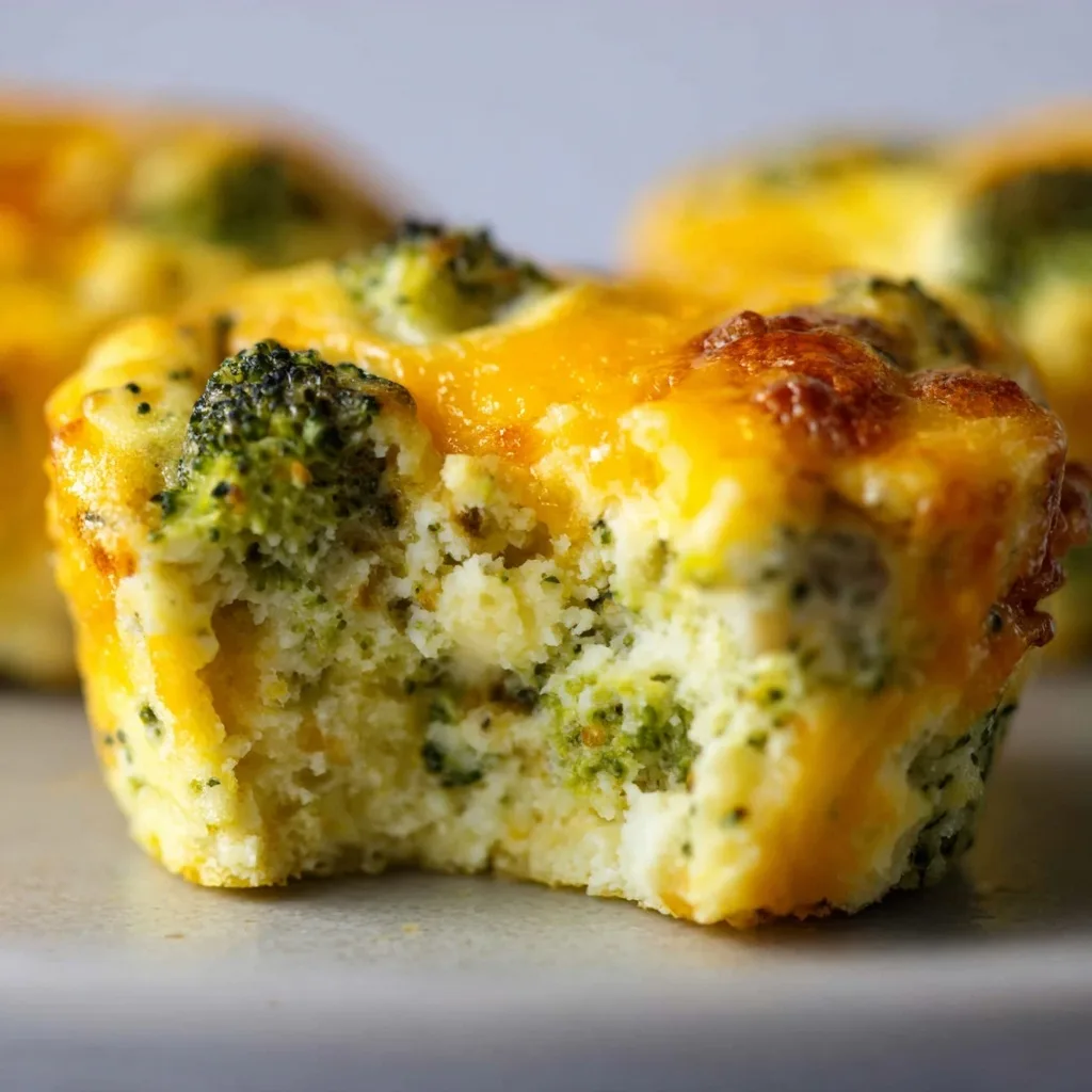 Close-up of bitten broccoli cheddar egg muffin on white background