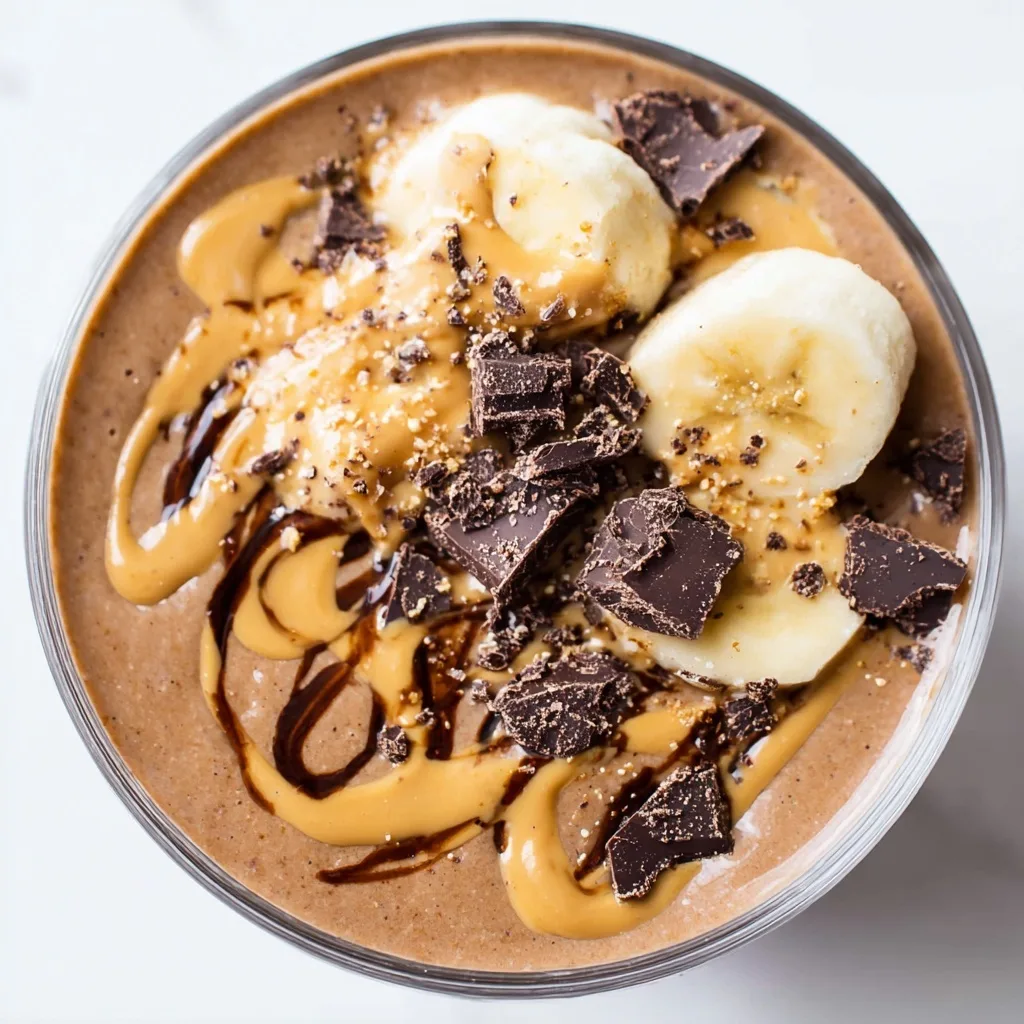 3 High Protein Smoothies for Muscle Recovery You’ll Want After Every Workout 23 Chocolate banana protein shake topped with peanut butter and dark chocolate