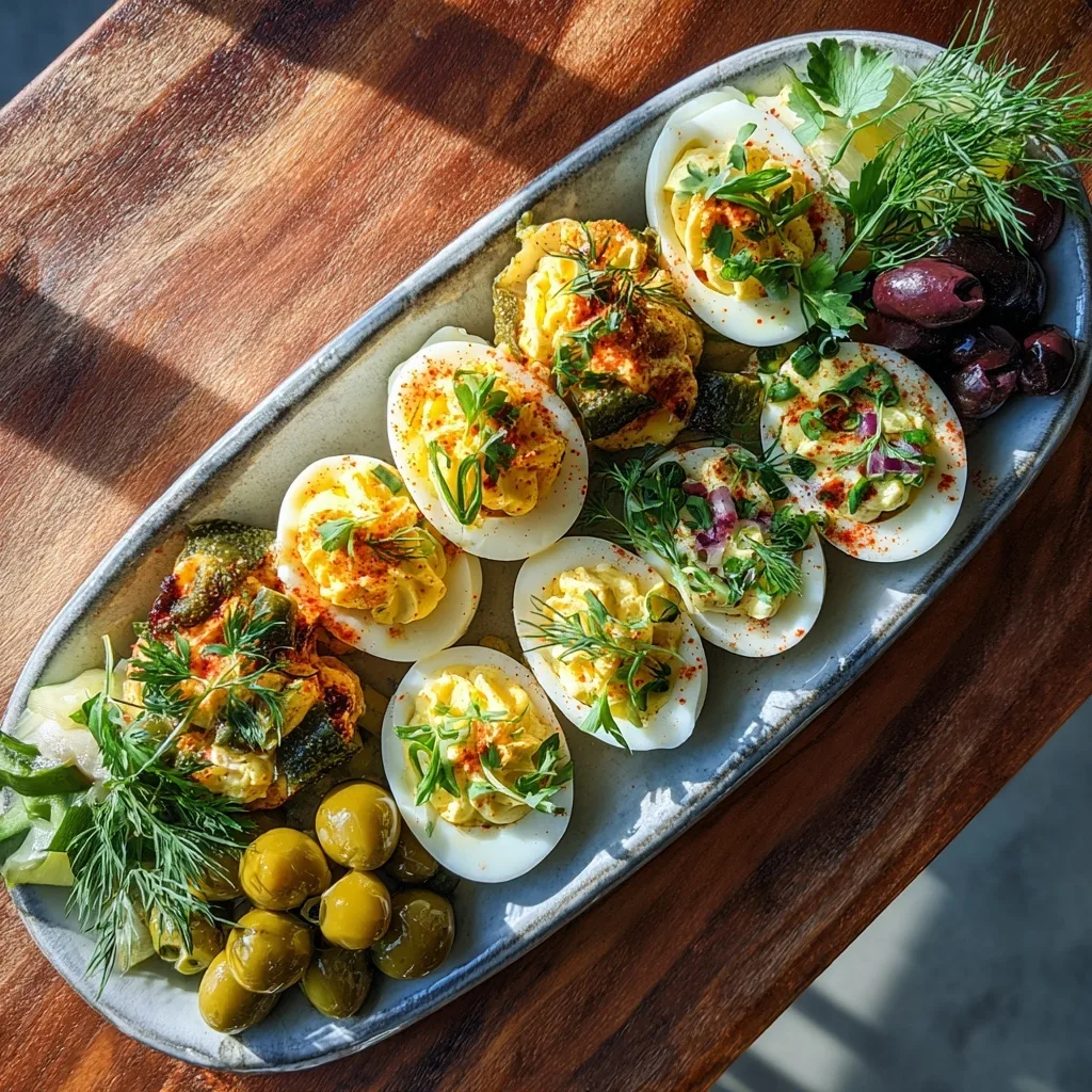 Spicy Deviled Eggs with Turkey Bacon and Sriracha – The Bold High-Protein Snack You’ll Crave 11 Rustic deviled egg platter with herbs, pickles, and olives