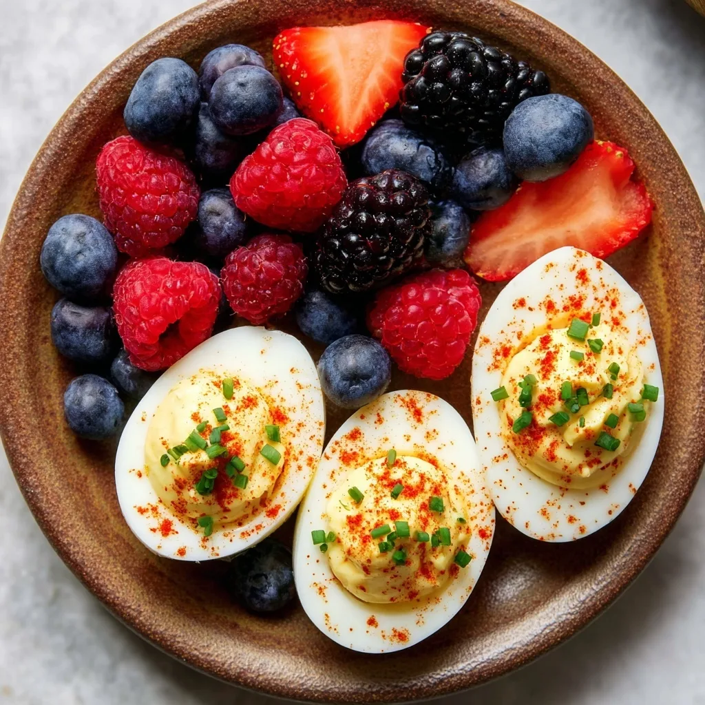Greek yogurt deviled eggs with berries on rustic plate