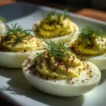 Dill Pickle Deviled Eggs – High-Protein Snack with a Tangy Twist 7 Deviled eggs with dill and pepper on a white plate