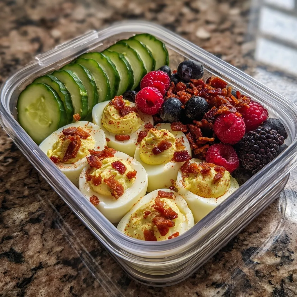 Spicy Deviled Eggs with Turkey Bacon and Sriracha – The Bold High-Protein Snack You’ll Crave 10 Meal prep container with spicy deviled eggs, cucumbers, and fresh berries