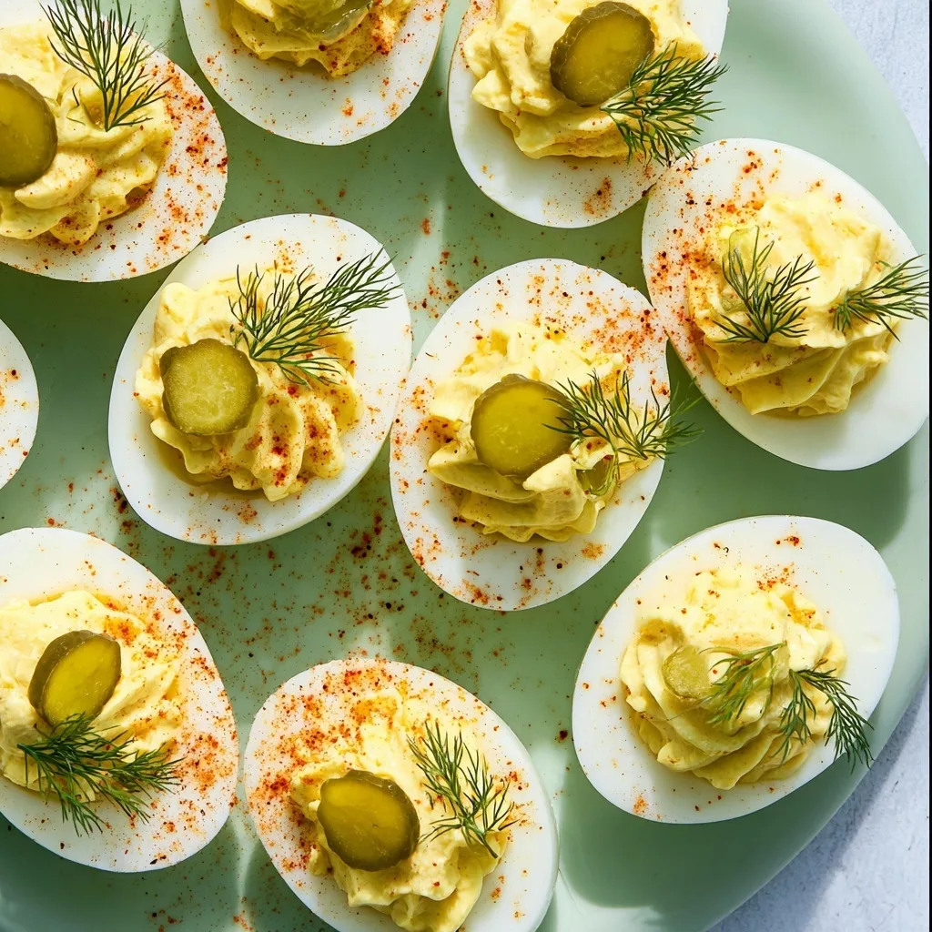 Dill Pickle Deviled Eggs – High-Protein Snack with a Tangy Twist 6 Deviled eggs with pickle slices and dill on green plate