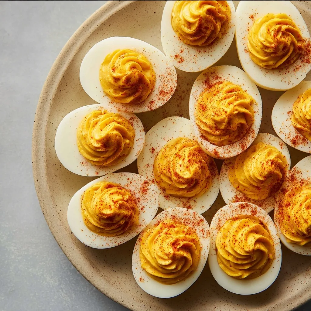 Sriracha Greek Yogurt Deviled Eggs – Spicy Snack with Protein Boost 6 Overhead view of deviled eggs with Sriracha Greek yogurt and paprika