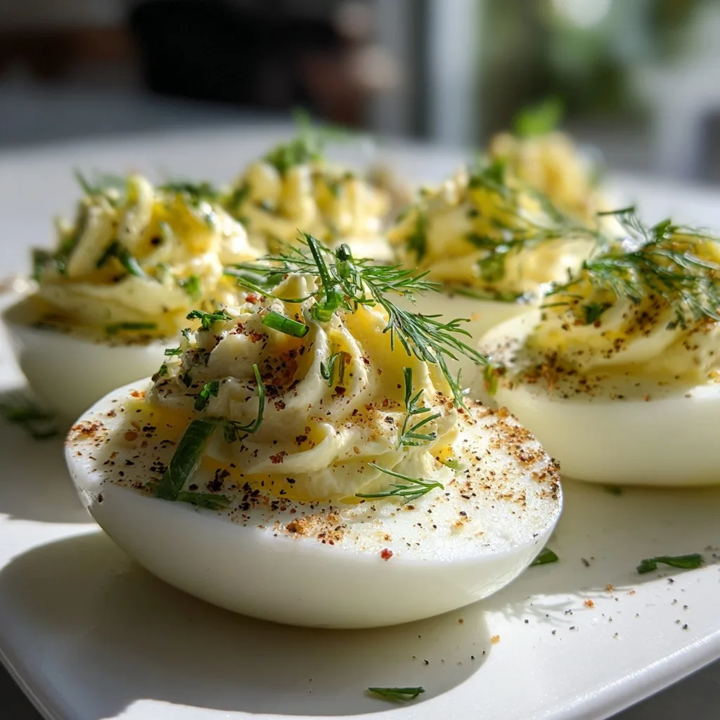 Dill Pickle Deviled Eggs – High-Protein Snack with a Tangy Twist 8 Dill pickle deviled eggs with pepper and herbs