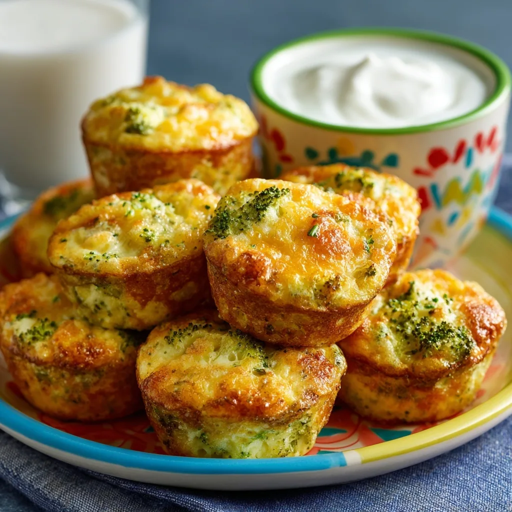 Stack of broccoli cheddar egg muffins served with yogurt and milk