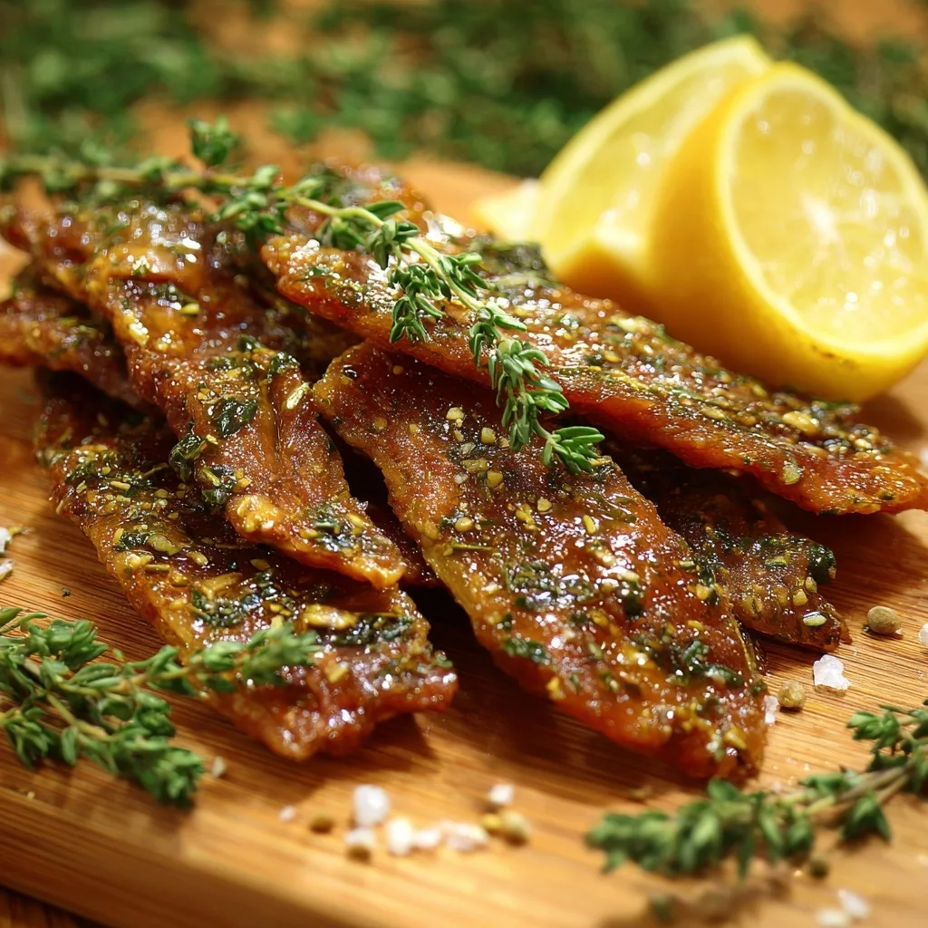 3 High Protein Jerky Snacks for Muscle Growth (Backed by Real Recipes) 27 Herb-coated chicken jerky strips on a wooden board with lemon and thyme