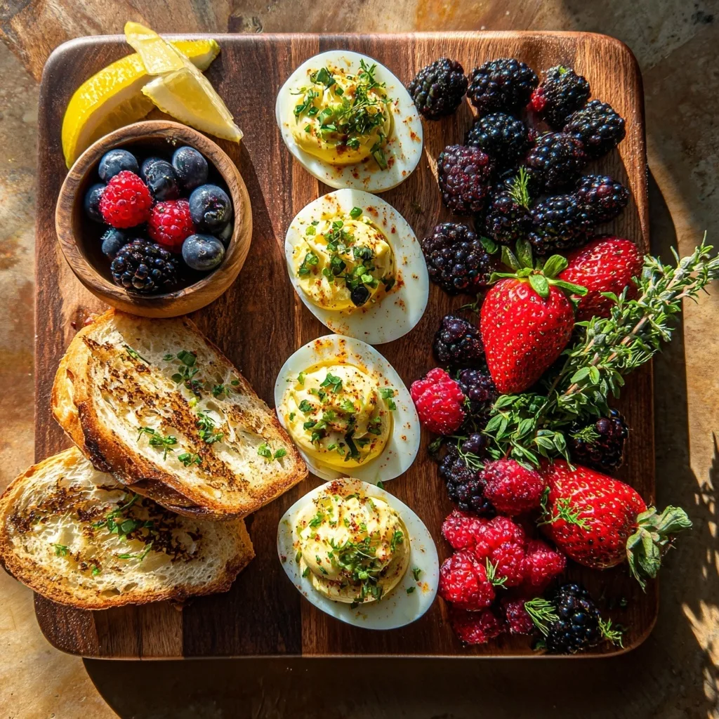 Greek yogurt deviled eggs on brunch board with berries and toast