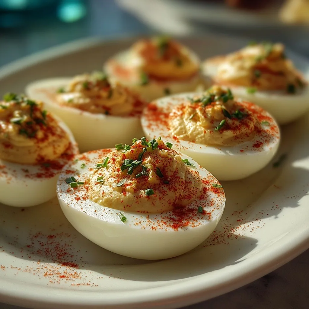 Greek yogurt deviled eggs with paprika and chives on a white plate