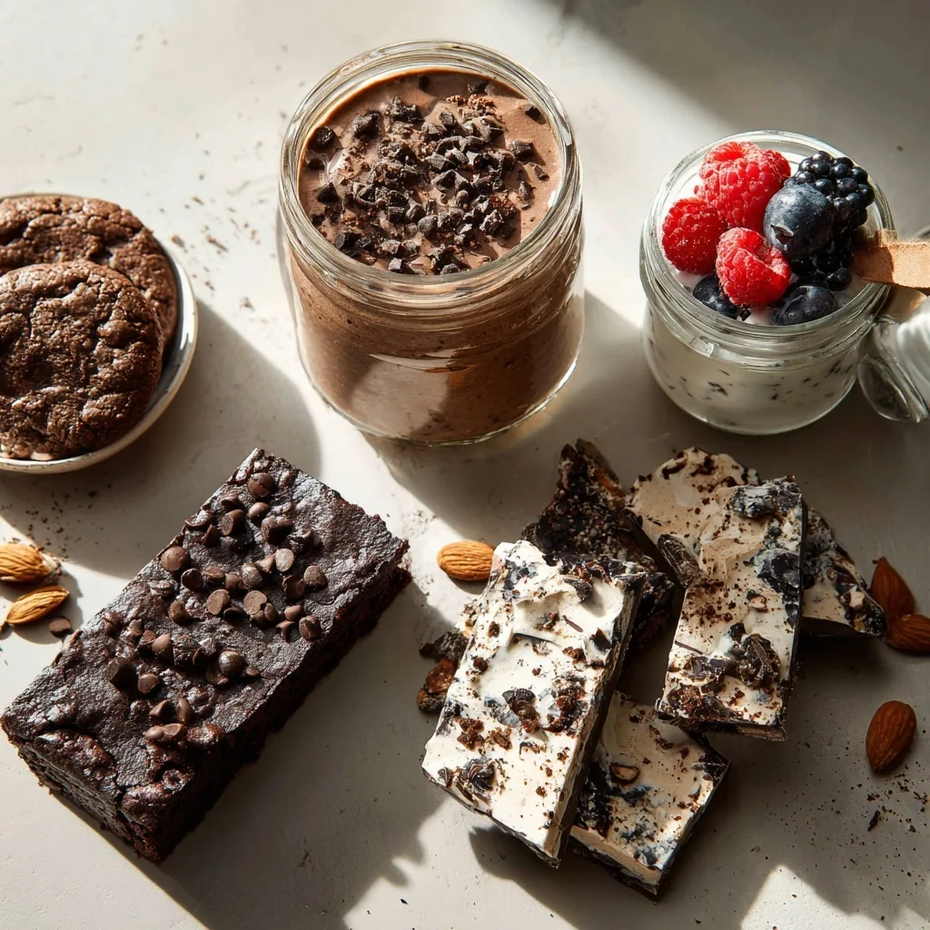 4 High Protein Dessert Snacks to Curb Cravings (No Guilt, Just Gains) 37 Four high protein dessert snacks including brownie, pudding, yogurt bark, and cookies