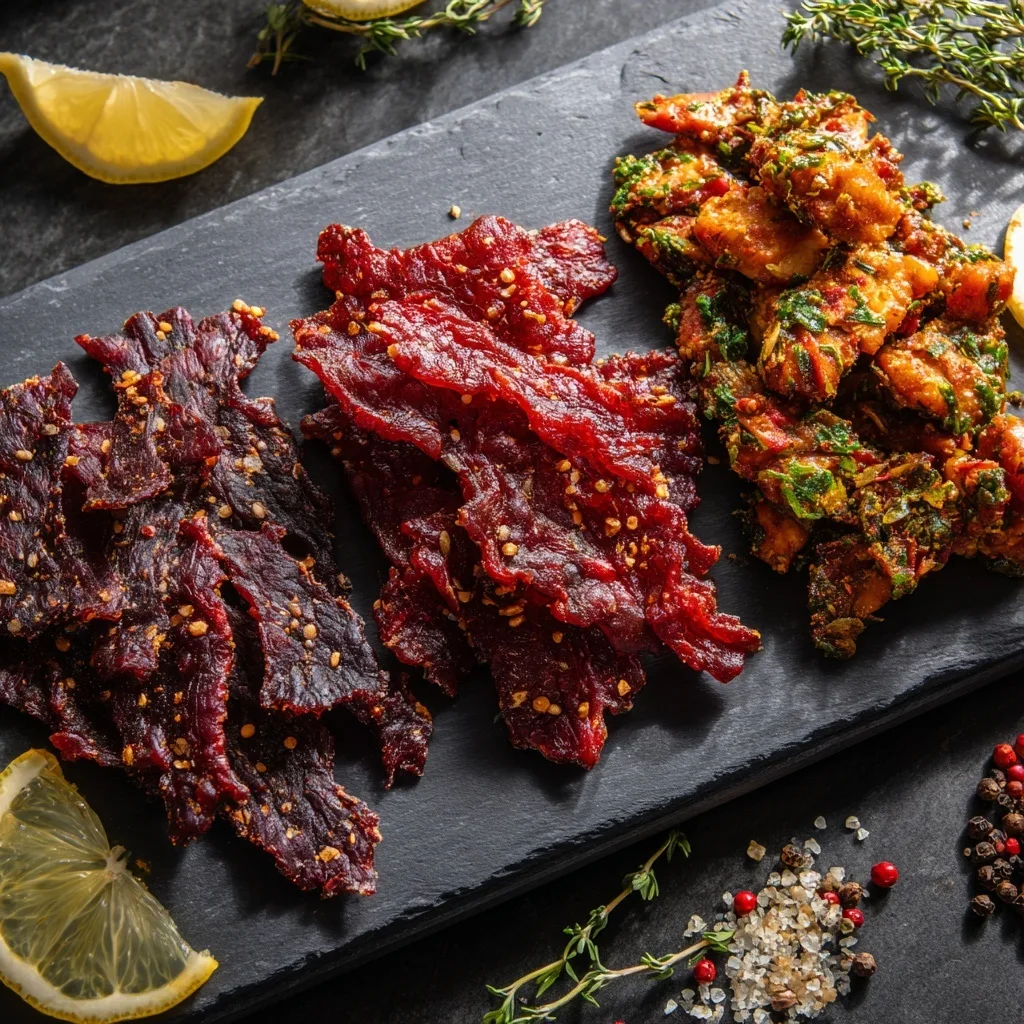 3 High Protein Jerky Snacks for Muscle Growth (Backed by Real Recipes) 22 High protein jerky snacks Three types of gourmet jerky on slate board with herbs and lemon