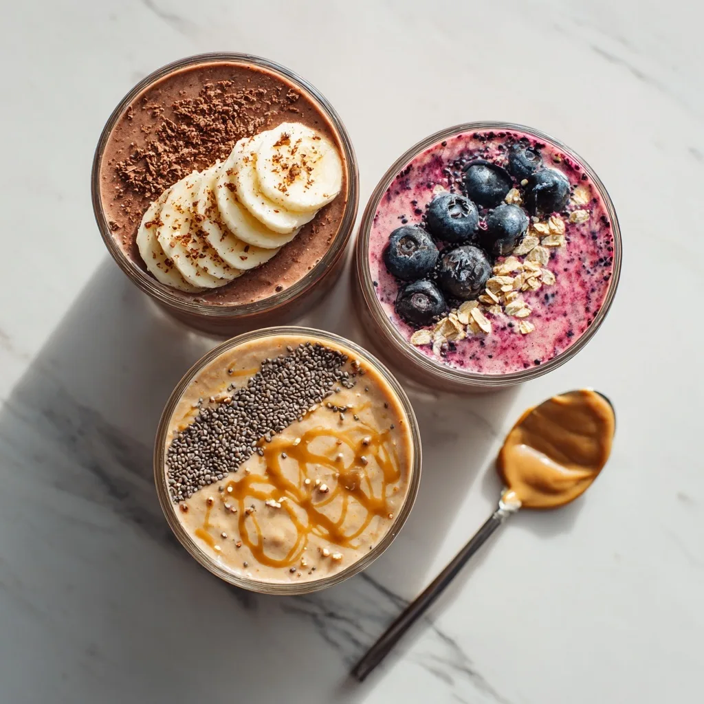 3 High Protein Smoothies for Muscle Recovery You’ll Want After Every Workout 22 high protein shakes for muscle gain Three high protein smoothies: chocolate banana, berry, and peanut butter oat