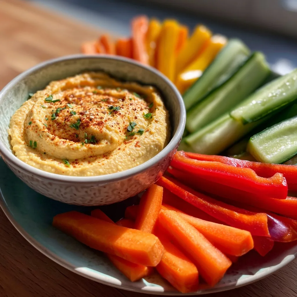 3 Vegan High Protein Snacks That Build Muscle Fast and Clean 27 Hummus with fresh veggie sticks served on a plate in natural light