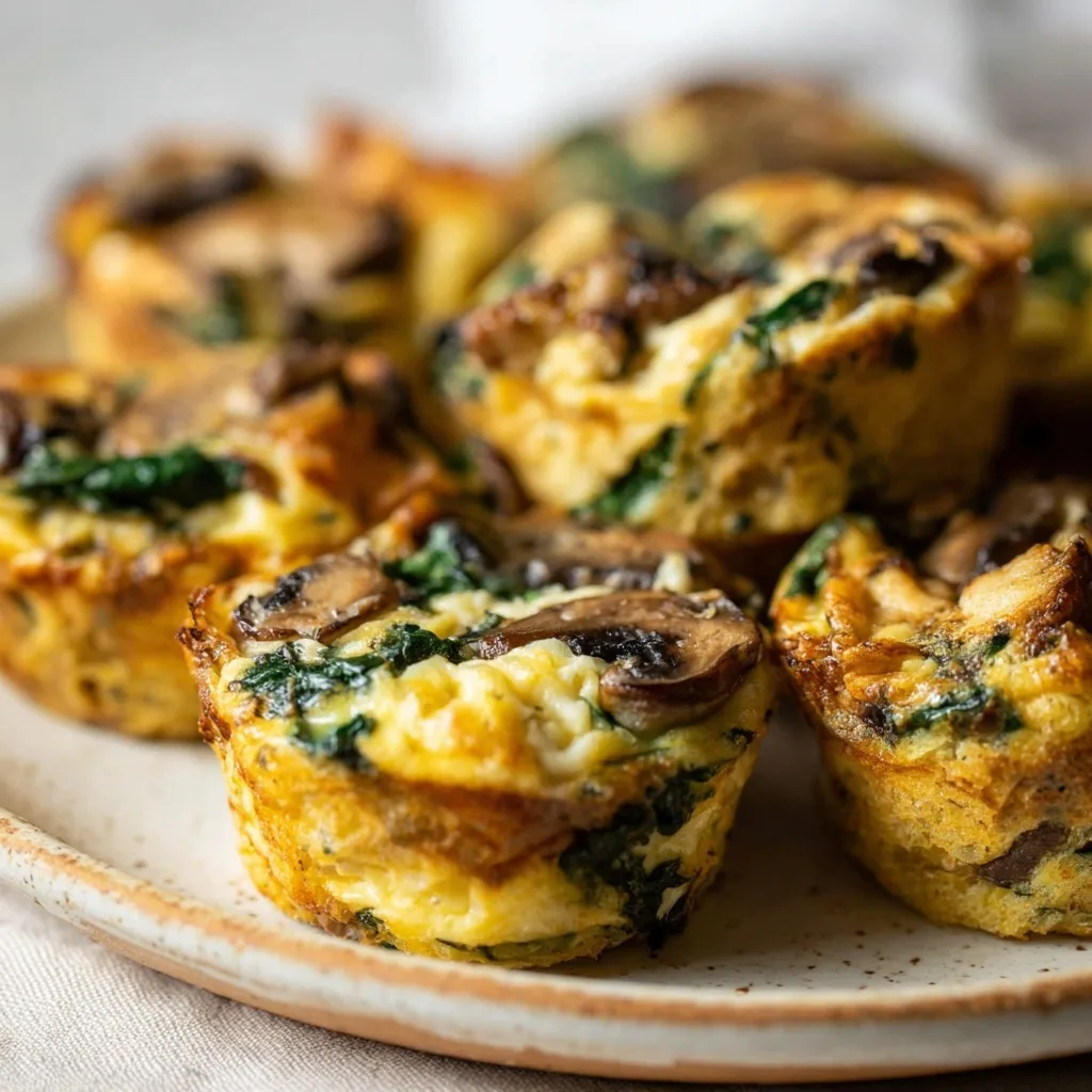 High Protein Egg Snacks: 3 Muscle-Building Recipes for Strength and Recovery 6 Mushroom and spinach egg muffins on a ceramic plate, high protein breakfast