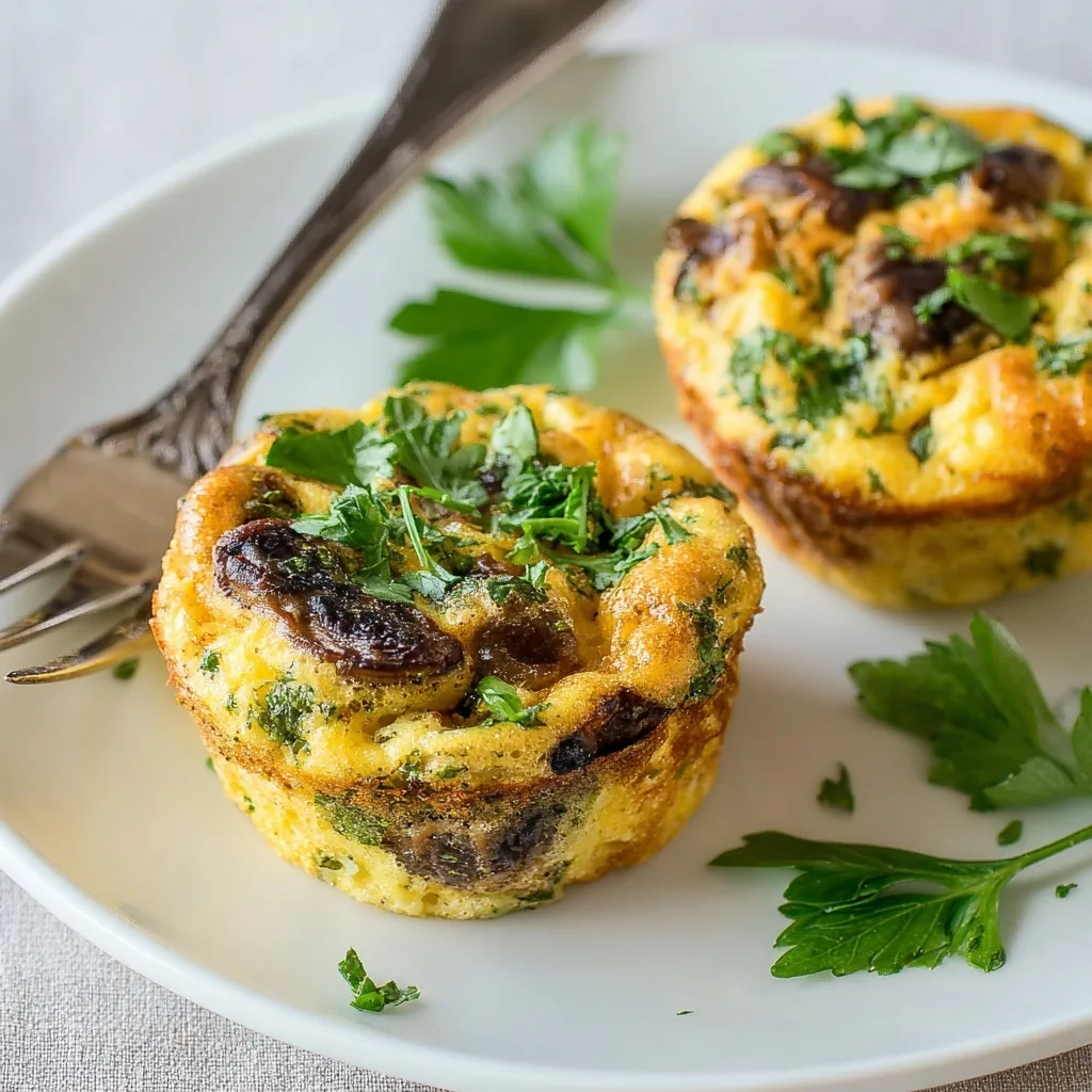 Close-up of mushroom turkey egg muffins with herbs on a white plate