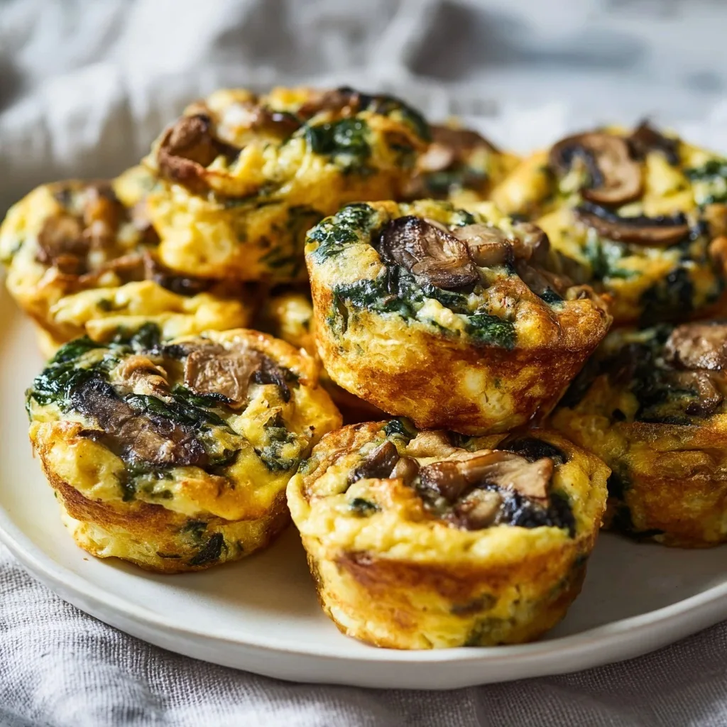 Plate of mushroom turkey egg muffins with spinach, fresh out of the oven