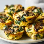 Stack of mushroom turkey egg muffins with spinach on ceramic plate