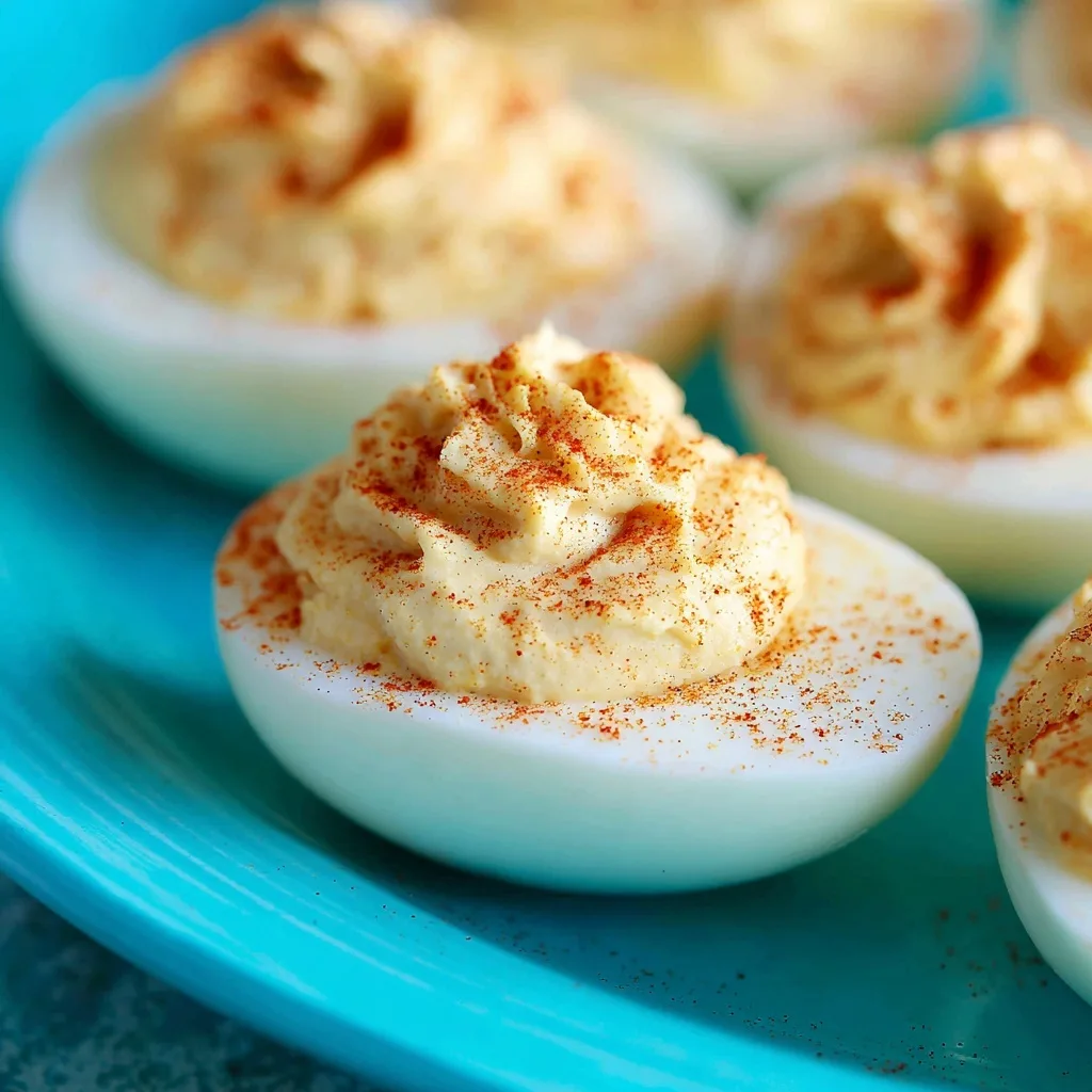 High Protein Egg Snacks: 3 Muscle-Building Recipes for Strength and Recovery 8 Classic deviled eggs with paprika on turquoise plate, high protein snack