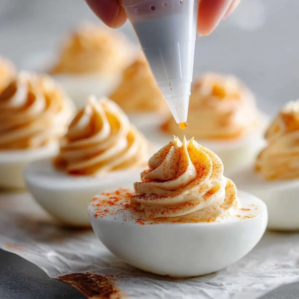 Sriracha Greek Yogurt Deviled Eggs – Spicy Snack with Protein Boost 8 Piping creamy Sriracha Greek Yogurt filling into deviled eggs