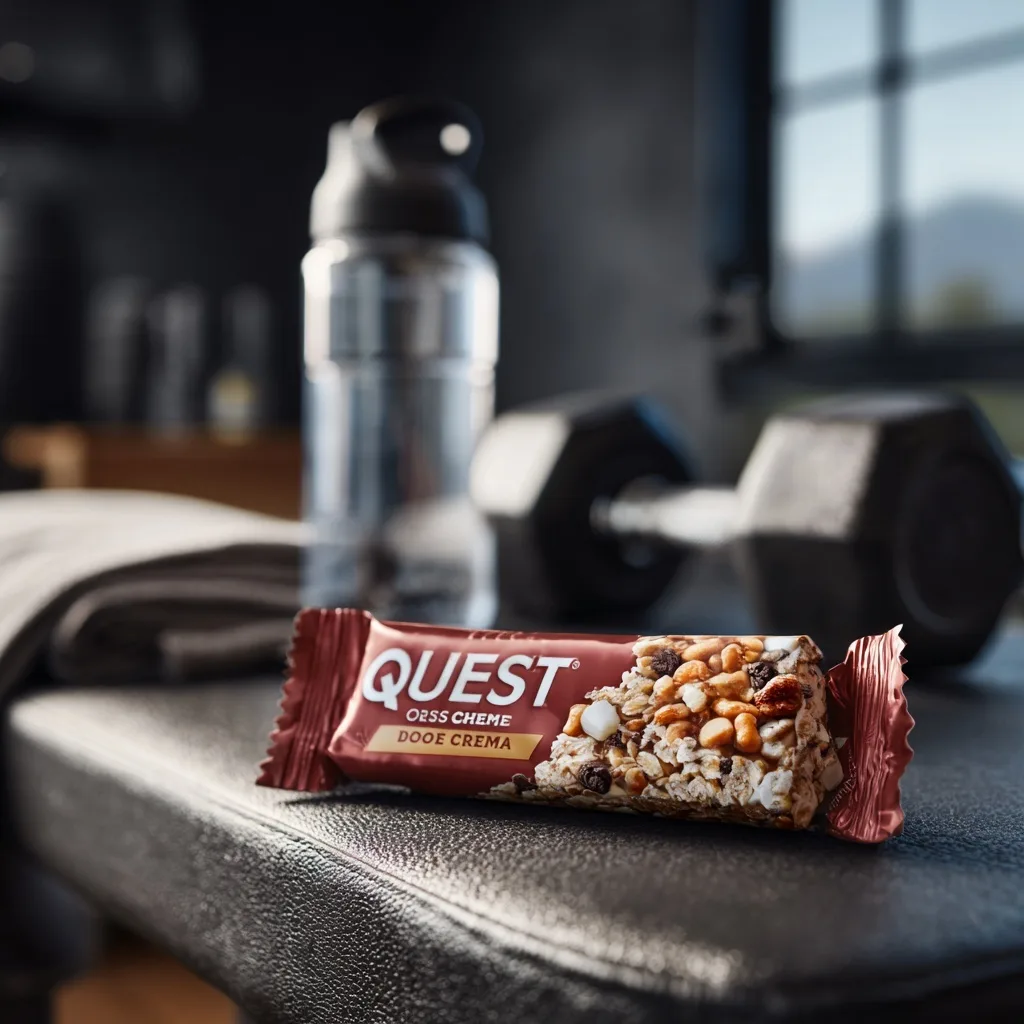 3 Best High Protein Snack Bars for Muscle Gain 15 Quest protein bar on gym bench with dumbbell and water bottle