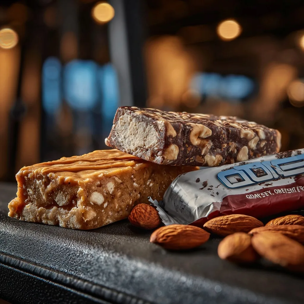 3 Best High Protein Snack Bars for Muscle Gain 11 protein bars with almonds on gym bench, Quest Bar partially unwrapped