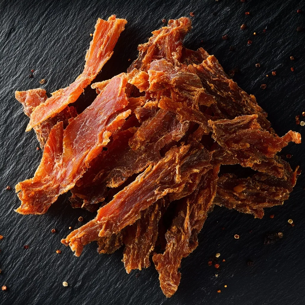 3 High Protein Jerky Snacks for Muscle Growth (Backed by Real Recipes) 25 Shredded chicken jerky pieces on black slate, high protein snack
