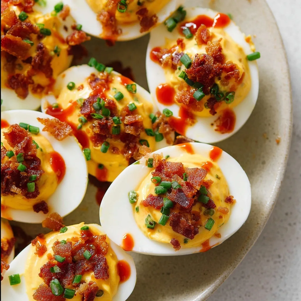High Protein Egg Snacks: 3 Muscle-Building Recipes for Strength and Recovery 10 Deviled eggs with sriracha, bacon, and chives on a ceramic plate
