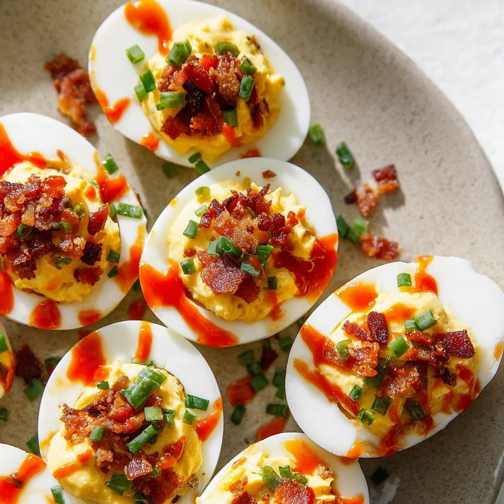 Spicy Deviled Eggs with Turkey Bacon and Sriracha – The Bold High-Protein Snack You’ll Crave 7 Close-up of spicy deviled eggs with turkey bacon and sriracha