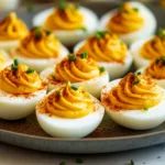Sriracha Greek Yogurt Deviled Eggs – Spicy Snack with Protein Boost 7 Spicy Sriracha Greek Yogurt Deviled Eggs served on rustic plate