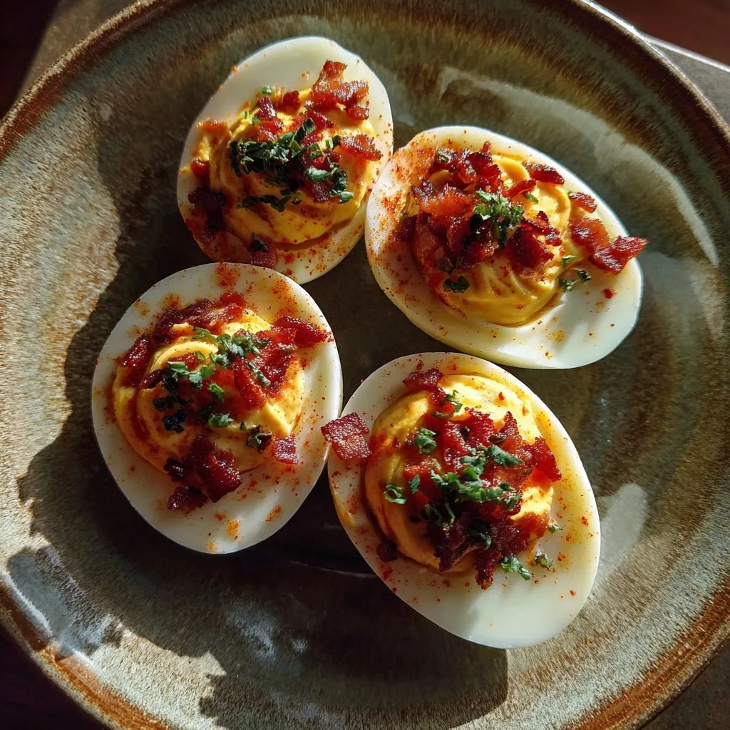 Spicy Deviled Eggs with Turkey Bacon and Sriracha – The Bold High-Protein Snack You’ll Crave 9 Spicy deviled eggs with turkey bacon and herbs on rustic ceramic plate