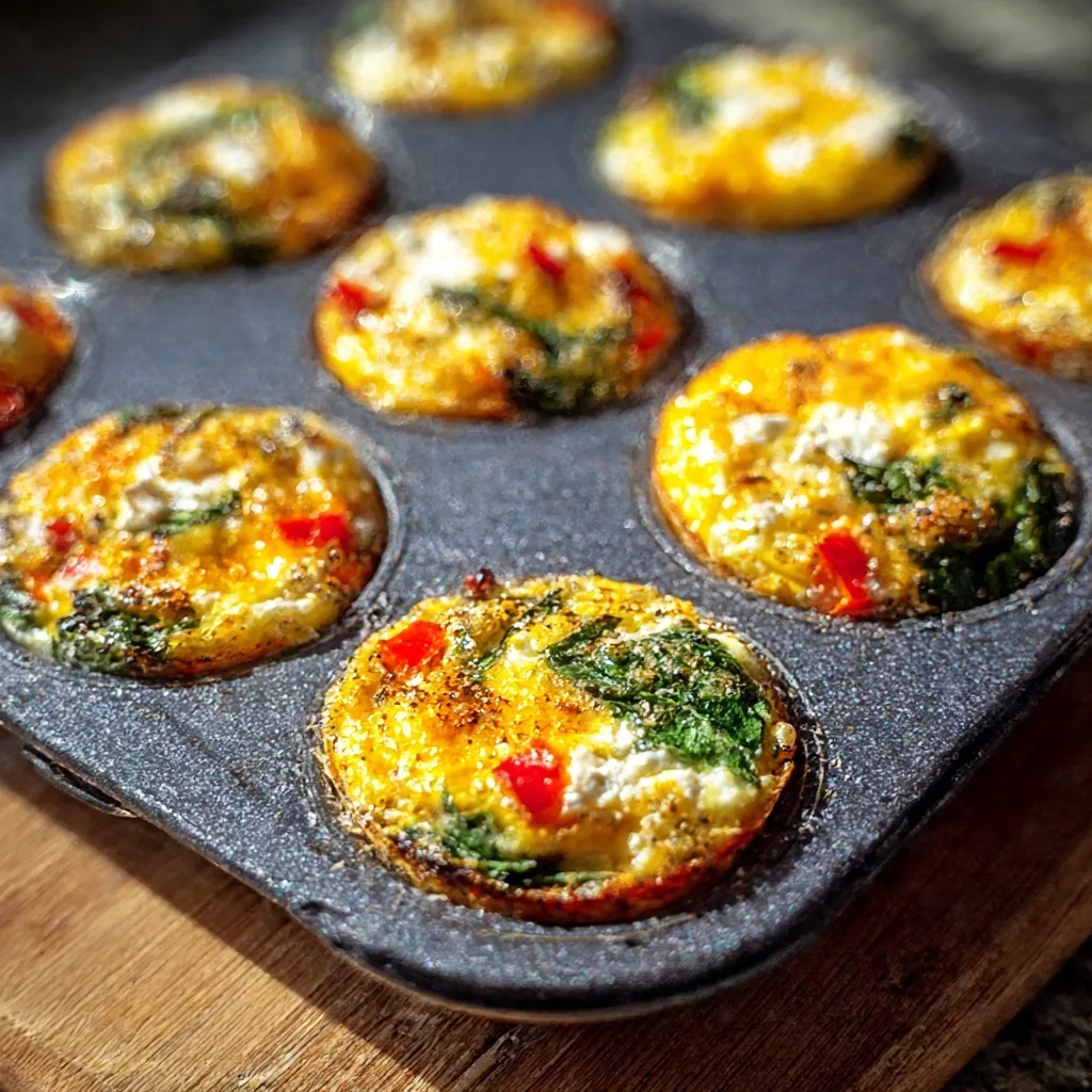 Spinach feta egg muffins in non-stick muffin tray with golden tops