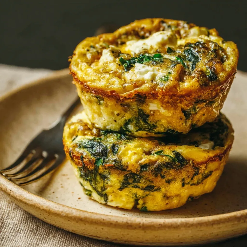 Close-up of spinach feta egg muffins on ceramic plate with golden crust
