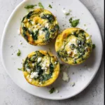 Overhead shot of spinach feta egg muffins on a plate with visible herbs and cheese