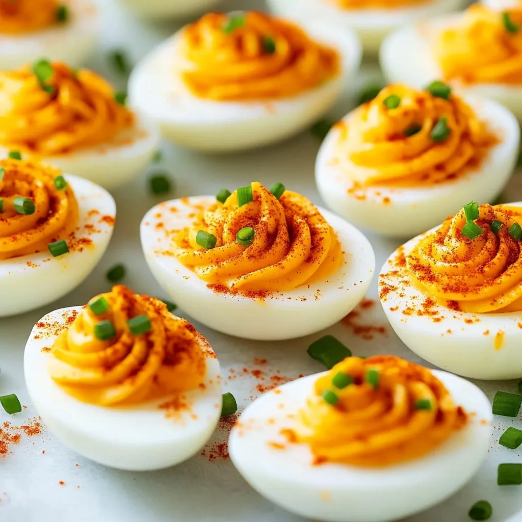 Sriracha Greek Yogurt Deviled Eggs – Spicy Snack with Protein Boost 9 Close-up of spicy Sriracha Greek Yogurt Deviled Eggs with paprika and chives