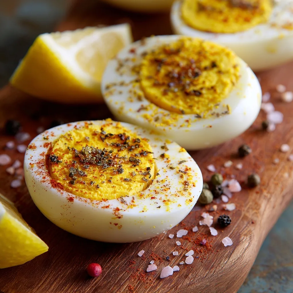 Turmeric-Spiced Hard-Boiled Eggs for Recovery & Anti-Inflammation 5 turmeric hard boiled eggs with lemon and pepper on wood board