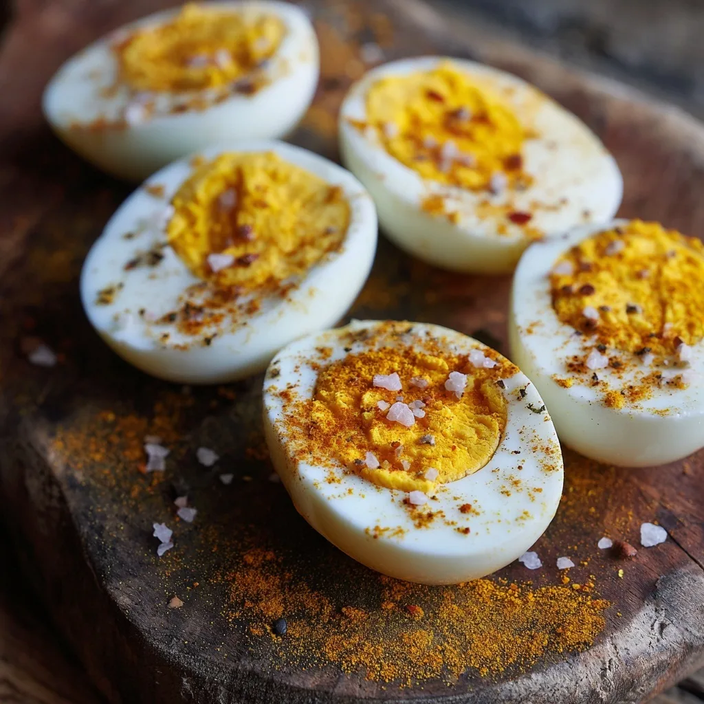 hard boiled eggs with turmeric and pink salt on wooden board