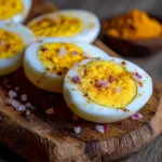 Turmeric-Spiced Hard-Boiled Eggs for Recovery & Anti-Inflammation 6 turmeric hard boiled eggs with red onion and Himalayan salt