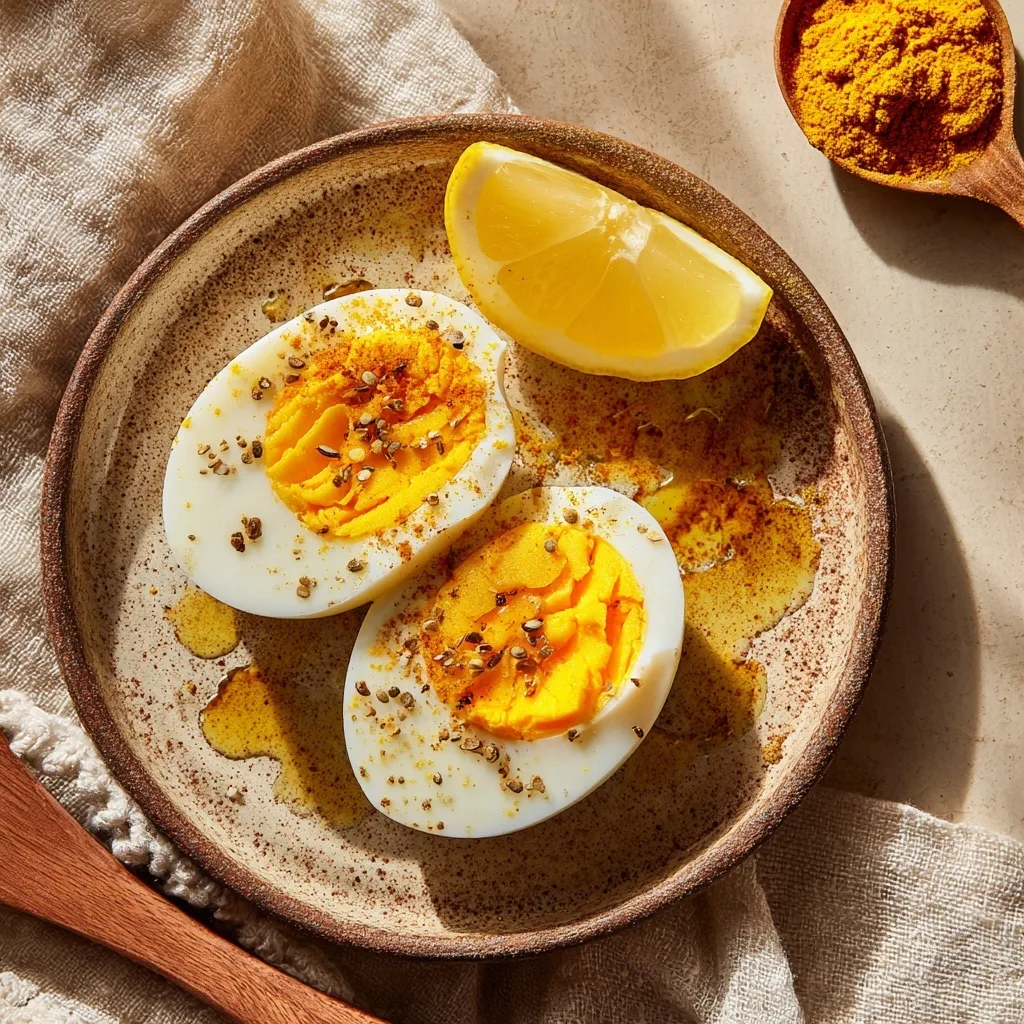 Turmeric-Spiced Hard-Boiled Eggs for Recovery & Anti-Inflammation 7 turmeric hard boiled eggs with lemon and oil on rustic plate
