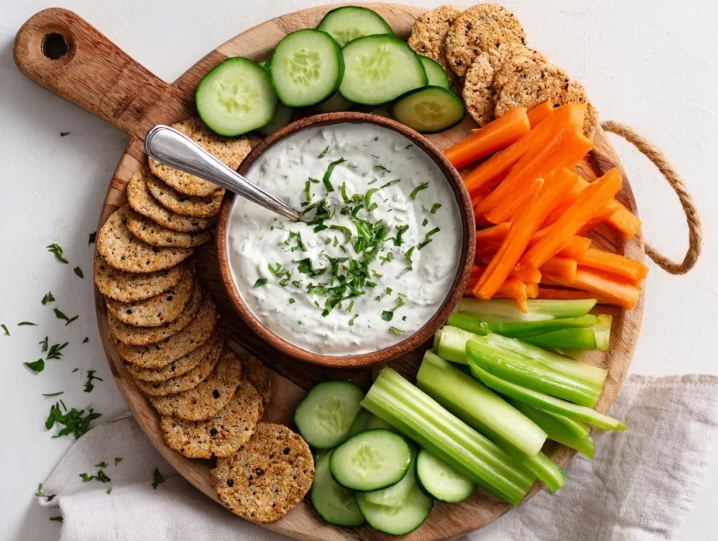 2-Ingredient Cottage Cheese Ranch Dip (High Protein) 8 Cottage cheese ranch dip in a bowl with vegetables and crackers