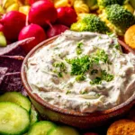 2-Ingredient Cottage Cheese Ranch Dip (High Protein) 9 Cottage cheese ranch dip with parsley surrounded by vegetables and snacks
