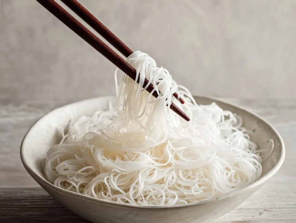 How to Cook Vermicelli Noodles for Rice Paper Rolls 7 Freshly cooked rice vermicelli noodles in bowl with chopsticks