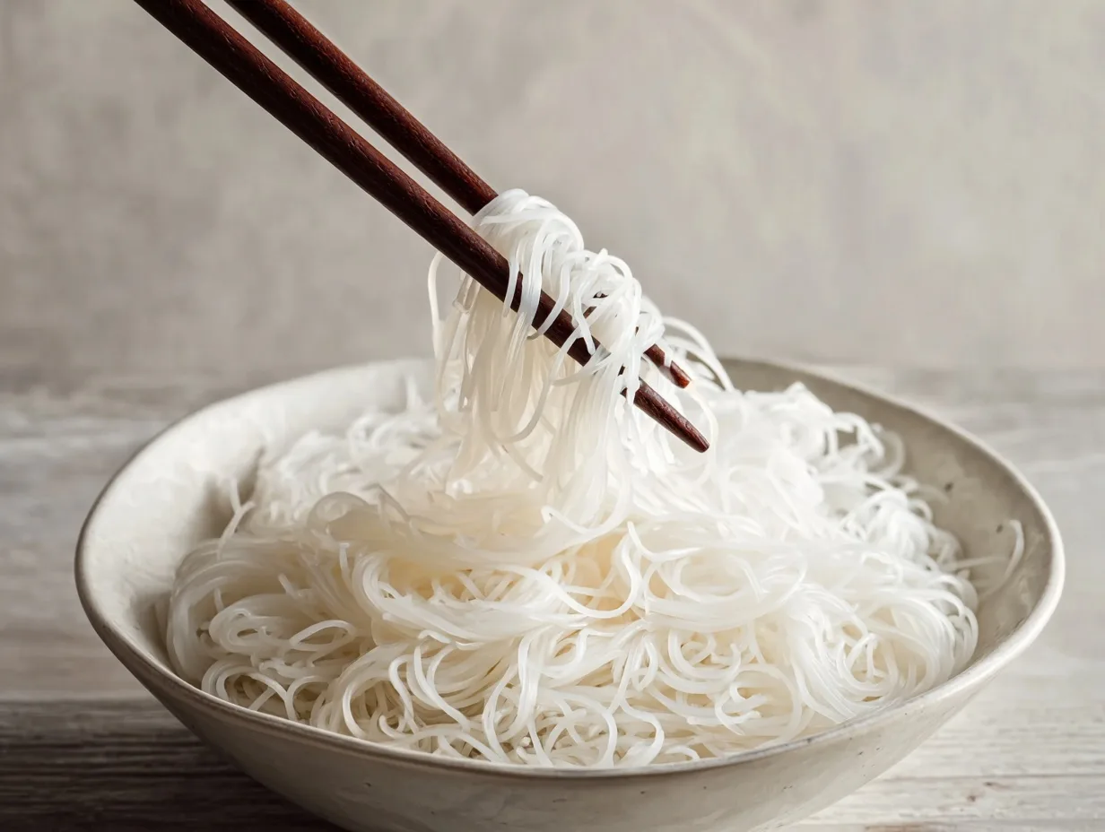 How to Cook Vermicelli Noodles for Rice Paper Rolls 6 Freshly cooked rice vermicelli noodles in bowl with chopsticks