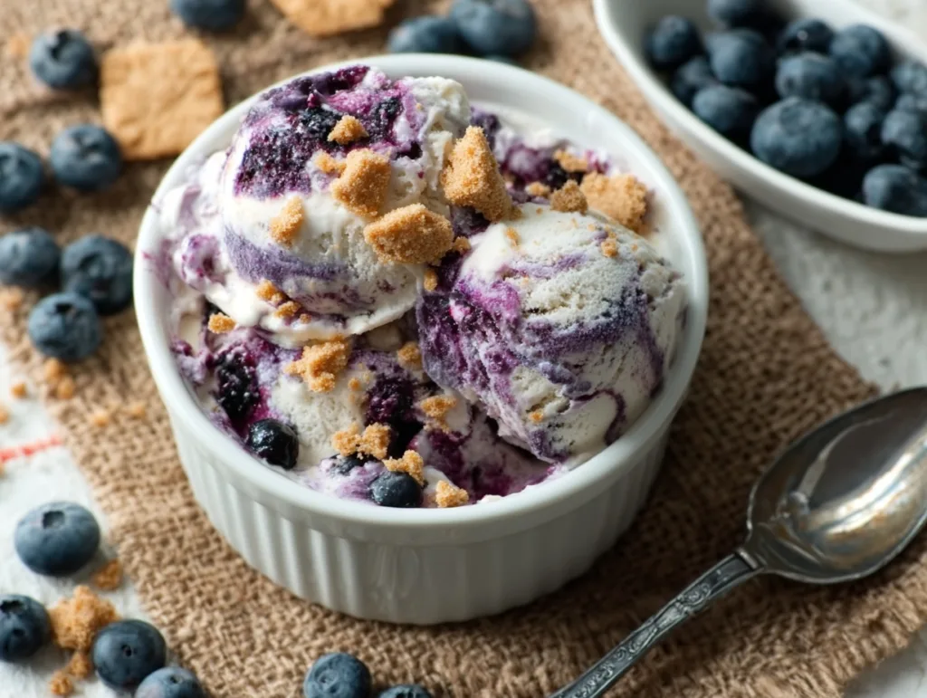 Blueberry swirl cottage cheese ice cream in a ramekin with cookie pieces