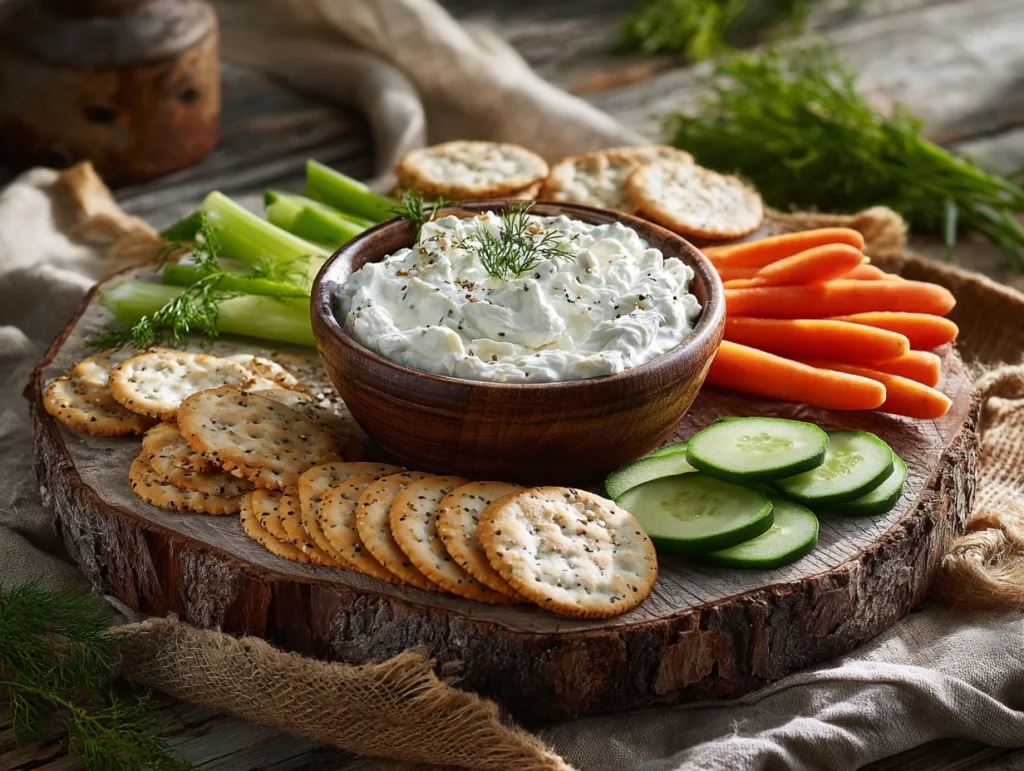 2-Ingredient Cottage Cheese Ranch Dip (High Protein) 7 Cottage cheese ranch dip with dill served with crackers and vegetables