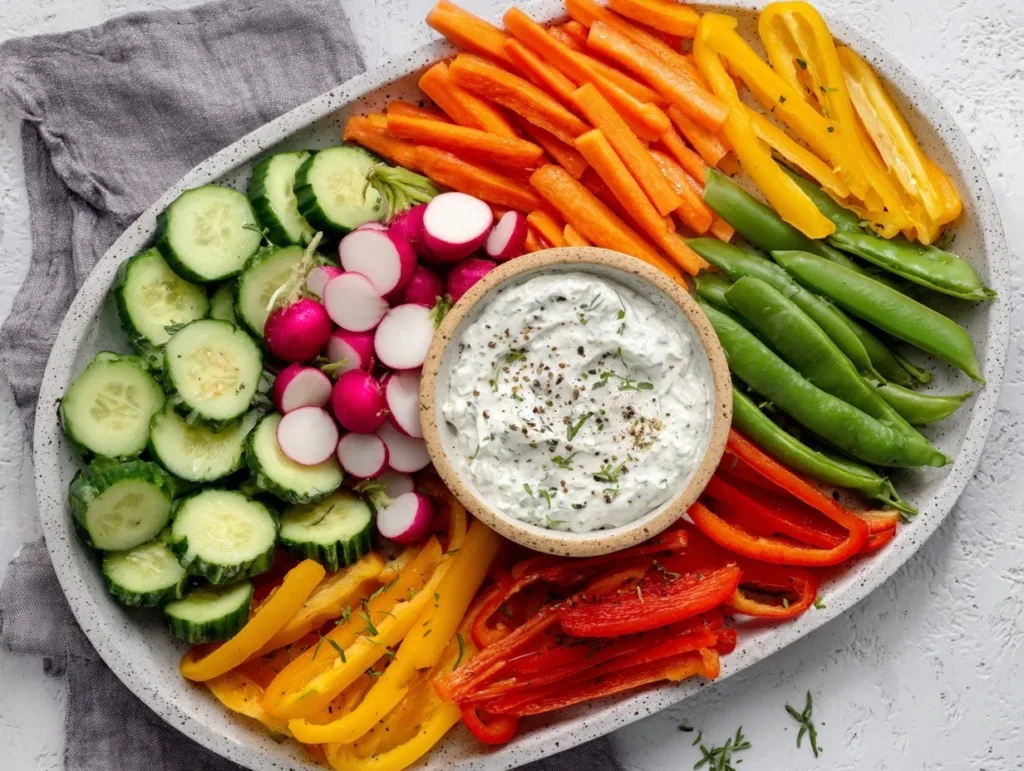 2-Ingredient Cottage Cheese Ranch Dip (High Protein) 11 Cottage cheese ranch dip platter with fresh colorful vegetables